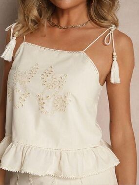 Zara Ivory Cropped Tank Top Floral Eyelets Tassel Beaded Straps Boho Hippie